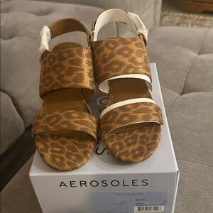 AEROSOLES Leopard Print Velcro Strap Sandals - Brown/Tan